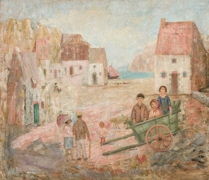 Landscape of a small town with children in a pram
