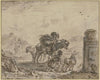 Landscape with a farmer with a loaded donkey and two goats, one of which is being milked by a girl