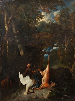 Landscape with a hunter and a hunting trophy