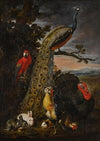 Landscape with a peacock, parrot, chicken, turkey, two rabbits and a guinea-pig