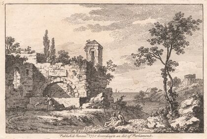 Landscape with a ruin, a river, a shepherd and sheep