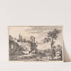 Landscape with a ruin, a river, a shepherd and sheep by Francois Vivares