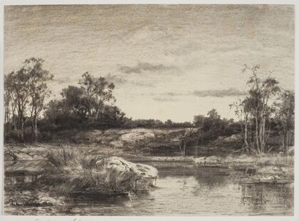 Landscape with a stream or lake in the foreground