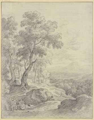 Landscape with a view of a mountain range, a man and his wife sitting on a slope in front