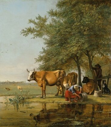 Landscape with cattle and a woman cleaning a bucket by a stream