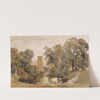 Landscape with cattle, geese, a lady washing clothes beside a river and a church tower beyond by Peter De Wint