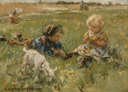Landscape with children playing in a field with a goat