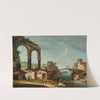 Landscape with classical ruins and figures by a river, a bridge beyond by Francesco Albotto