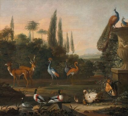 Landscape with deer and exotic birds — size preview