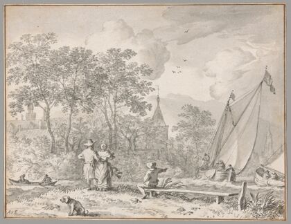 Landscape with Elegant Figures by a River, with Boats to the Right and a Town Behind Trees Beyond