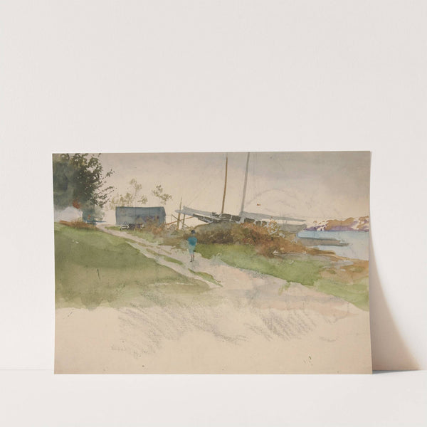 Landscape with figure walking along a path, water in distance by Edwin Austin Abbey