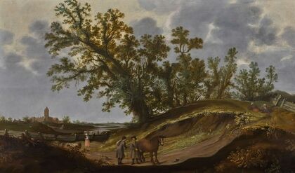 Landscape with figures on a path, a church beyond