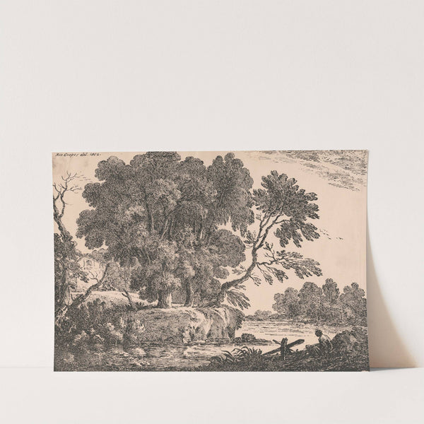 Landscape with group of trees surrounded by water, cottage on left, woman seated right foreground by Richard Cooper the Elder