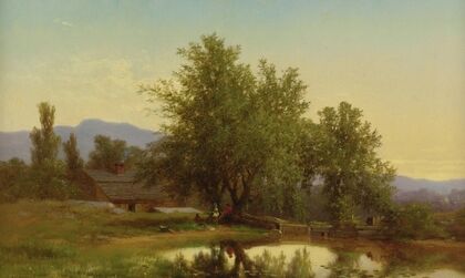 Landscape with Pond, Barn and Figures