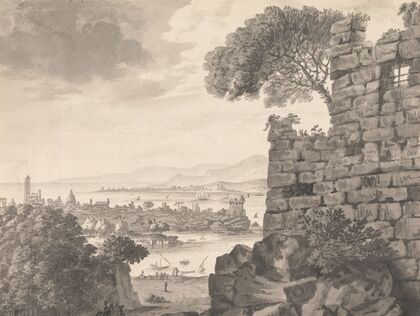 Landscape with Ruins in the Foreground, Harbor and Village, in Background