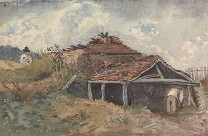 Landscape with two figures beside an old building — size preview