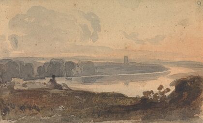 Landscape, with Winding River, Figure on Hill in Foreground