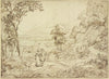 Landschaft, auf dem Weg ein Herr und eine Dame mit einem Windhund