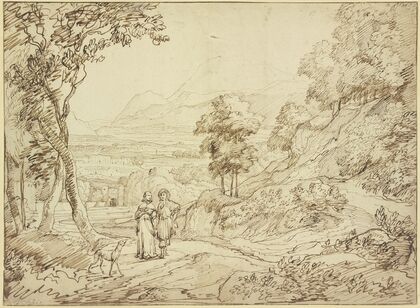 Landschaft, auf dem Weg ein Herr und eine Dame mit einem Windhund