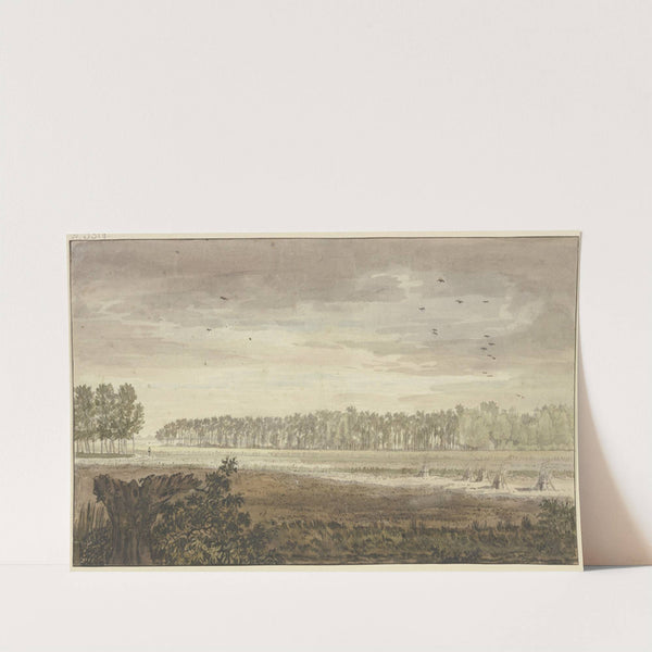 Landschaft, im Hintergrunde ein langes Wäldchen, vorne Felder mit einigen Fruchtgarben by Jacob van Liender