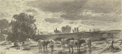 Landschaft in Gewitterstimmung mit einer Viehherde im Vordergrund und einem Erntewagen am Horizont