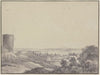 Landschaft, links ein Turm, einige Mauern und Häuser, rechts Gebüsch, Fernsicht