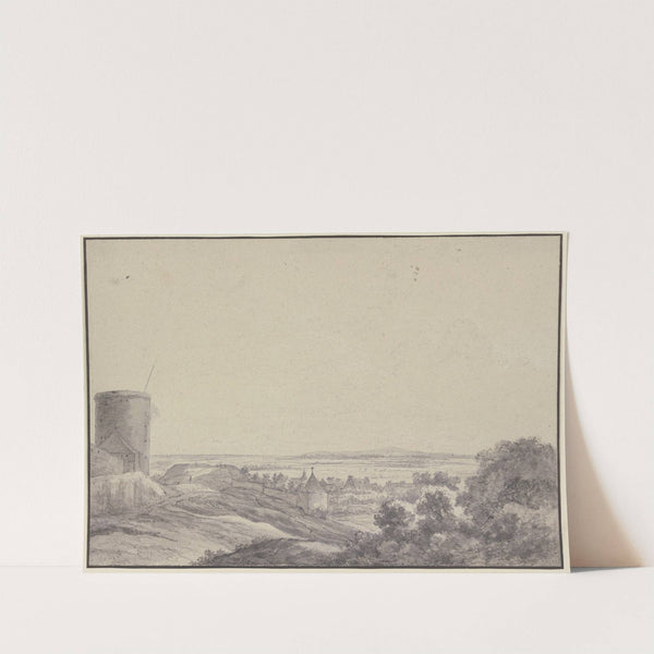 Landschaft, links ein Turm, einige Mauern und Häuser, rechts Gebüsch, Fernsicht by Antonie Waterloo