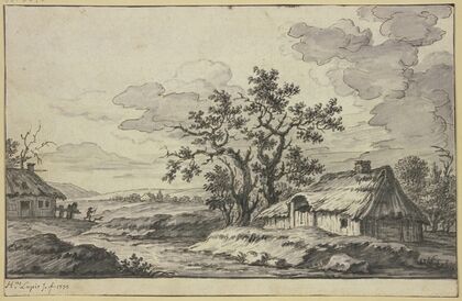 Landschaft mit Bach und zwei Hütten im Vordergrund