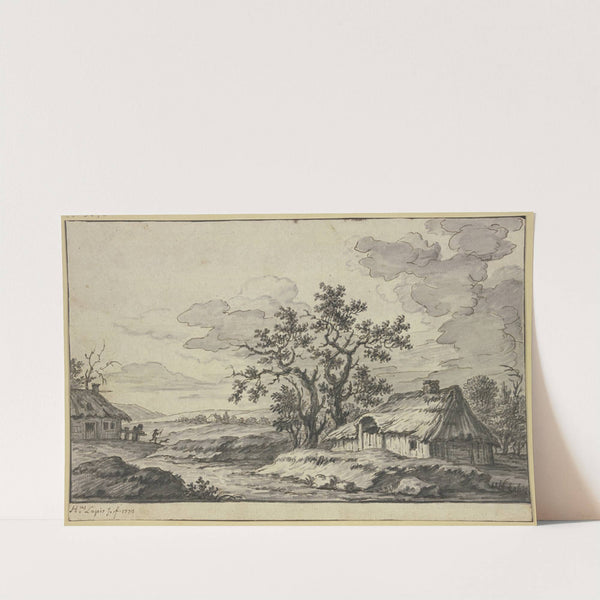 Landschaft mit Bach und zwei Hütten im Vordergrund by Hieronymus Lapis