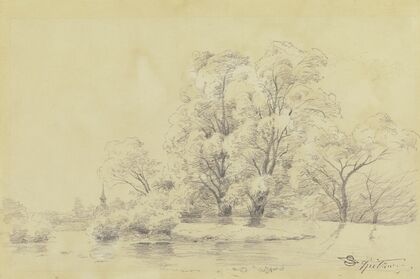 Landschaft mit Bäumen am Wasser, in der Ferne der Turm einer Dorfkirche