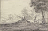 Landschaft mit Bäumen und Häusern, in der Mitte die Reste eines abgehauenen Baumes, Reiter und Fußgänger