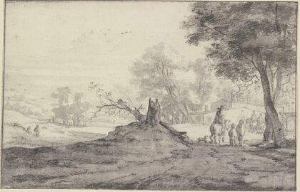 Landschaft mit Bäumen und Häusern, in der Mitte die Reste eines abgehauenen Baumes, Reiter und Fußgänger