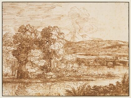 Landschaft mit Baumgruppe am Wasser