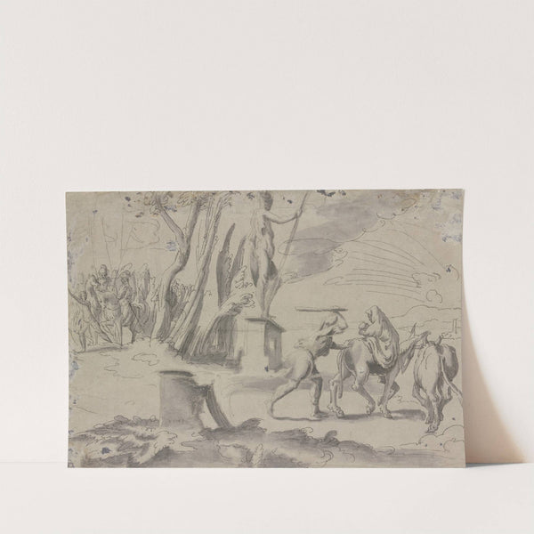 Landschaft mit der Flucht nach Ägypten, rechts die Heilige Familie, in der Mitte eine antike Statue, links die Gruppe der Verfolger by Franz Buch