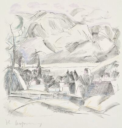 Landschaft mit Dorf am See vor Gebirge (1916)