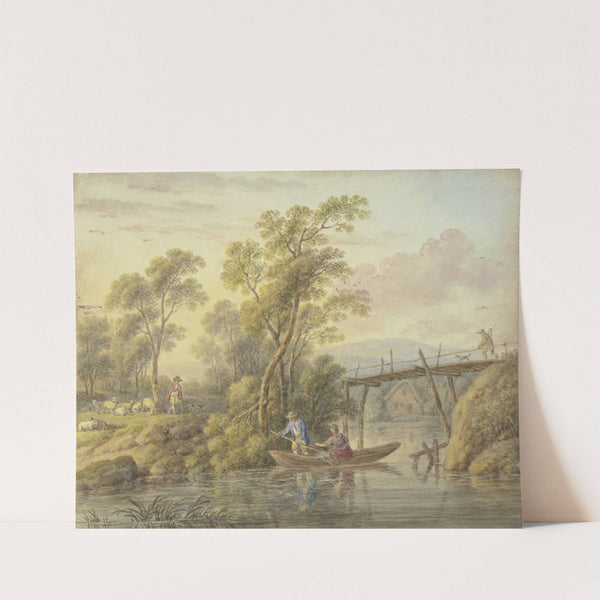 Landschaft mit einem Bach, über den eine hölzerne Brücke führt by Carl Philipp Schallhas