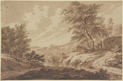 Landschaft mit einem Fluss, rechts ein Felsstück unter Bäumen, dabei ein Mann mit einem Knaben, der eine Lanze hält