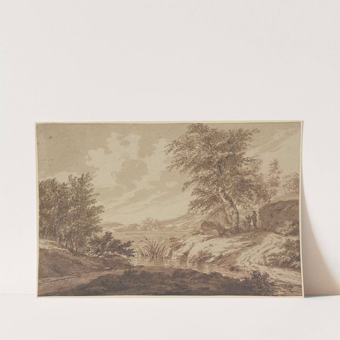 Landschaft mit einem Fluss, rechts ein Felsstück unter Bäumen, dabei ein Mann mit einem Knaben, der eine Lanze hält by Jan Wils