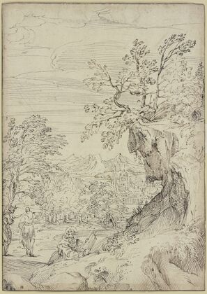 Landschaft mit einem Heiligen und zwei weiteren Figuren
