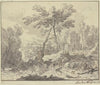 Landschaft mit einem Wasserfall, rechts an einem Baumstamm zwei Figuren