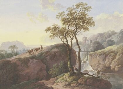 Landschaft mit einem Wasserfall, über den ein Steg führt, links treibt ein Bauer zwei Kühe zu Tal, im Hintergrund eine Ruine