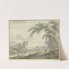 Landschaft mit einer Brücke und Turm, rechts unter einem Baum ein Paar mit einem Hund by Johann Heinrich Müntz