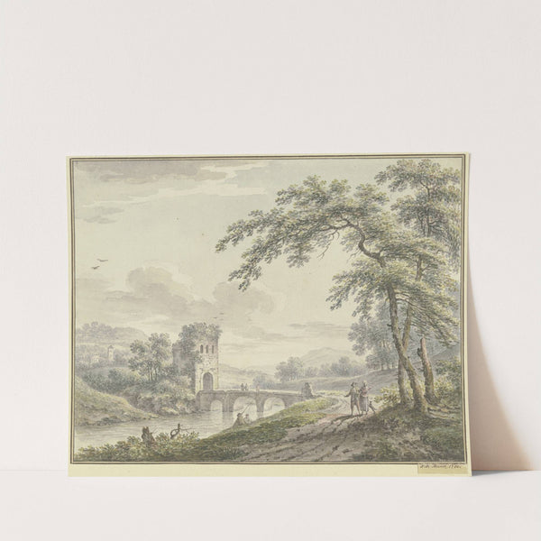 Landschaft mit einer Brücke und Turm, rechts unter einem Baum ein Paar mit einem Hund by Johann Heinrich Müntz