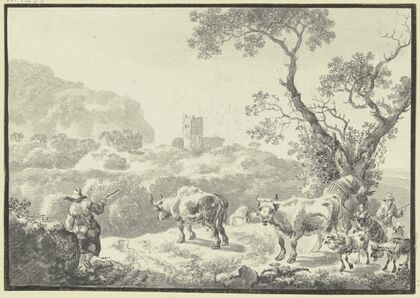 Landschaft mit einer Burgruine, zwei Hirten führen ihre Viehherde von rechts herbei