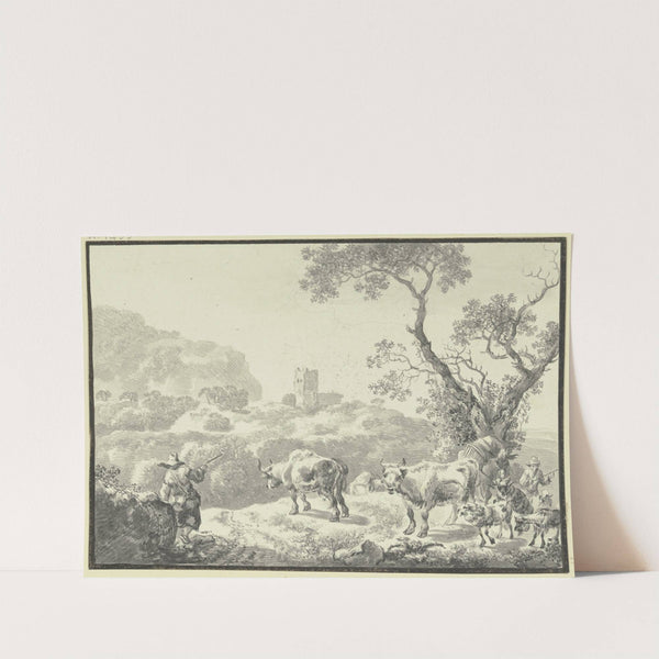 Landschaft mit einer Burgruine, zwei Hirten führen ihre Viehherde von rechts herbei by Johann Christian Klengel