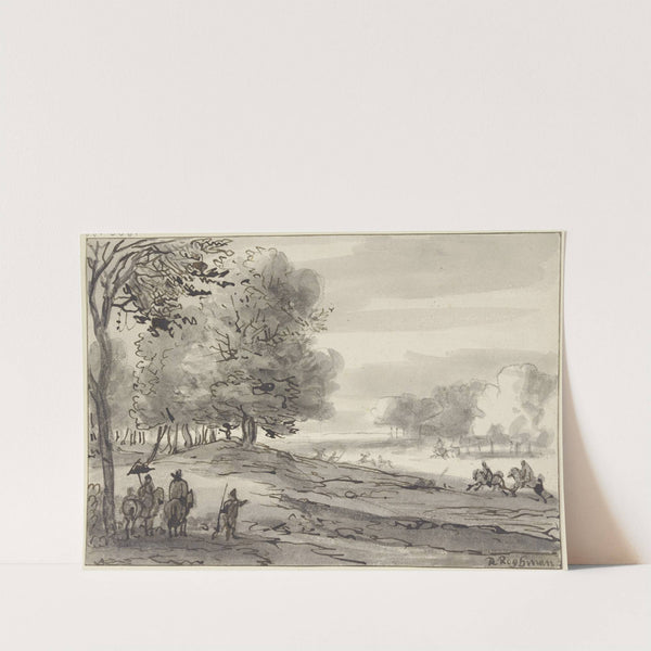 Landschaft mit einer Parforcejagd, links eine Dame zu Pferde mit einem Sonnenschirm by Roelant Roghman