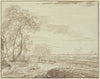 Landschaft mit Fernsicht, links Bäume, auf dem Weg eine Schafherde