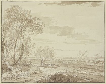 Landschaft mit Fernsicht, links Bäume, auf dem Weg eine Schafherde