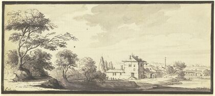 Landschaft mit Gebäuden am Wasser (1744)