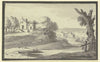 Landschaft mit Häusern auf einem Hügel am Wasser (1744)